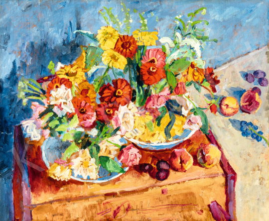  Basch Andor - Asztali csendélet gyümölccsel és virággal, 1930 | 66. Aukció aukció / 54 tétel