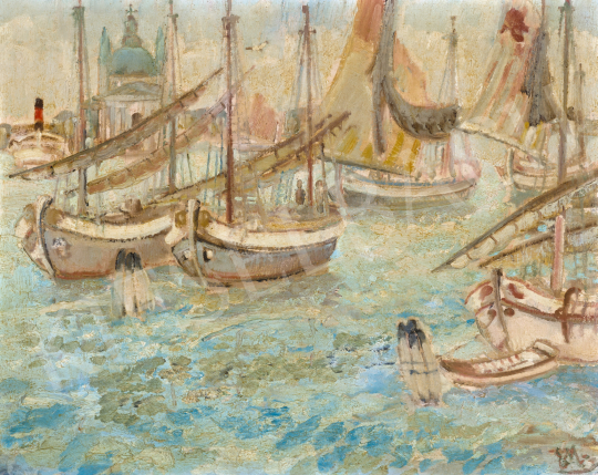  Erdélyi Mihály - Hajók a vízen Velencében (Háttérben az Il Redentore bazilika), 1935 körül | 66. Aukció aukció / 65 tétel