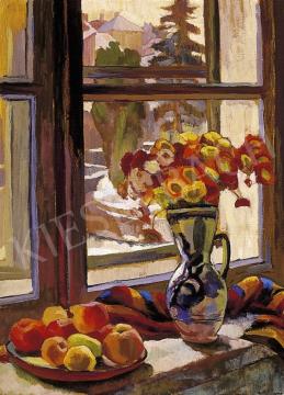  Ismeretlen festő, 1925 körül - Gyümölcsös virágcsendélet kilátással a műteremből | 5. Aukció aukció / 52 tétel