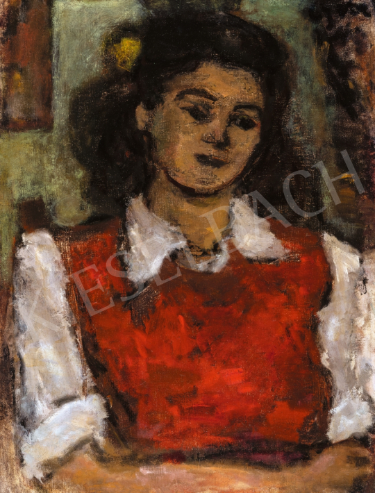  Czóbel Béla - Párizsi diáklány piros mellényben, 1945 | 66. Aukció aukció / 196 tétel
