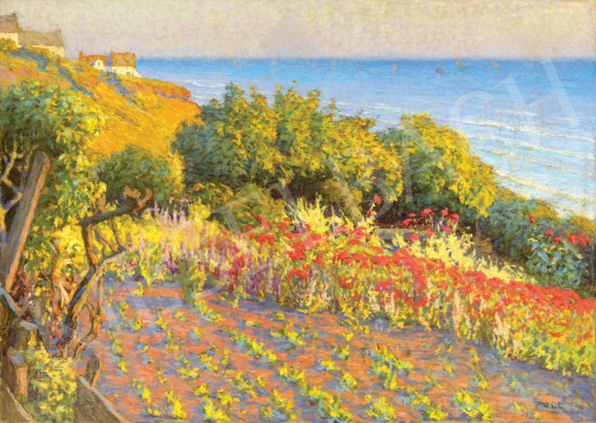  Poll Hugó - Francia tengerparti kert piros virágokkal, háttérben vitorlásokkal, 1900 körül festménye