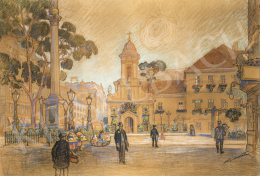 Reichl Kálmán - Virágárusok a Rákóczi úton (korábban Kerepesi út) a Szent Rókus-kápolnával, előtérben a Maria Immacu 