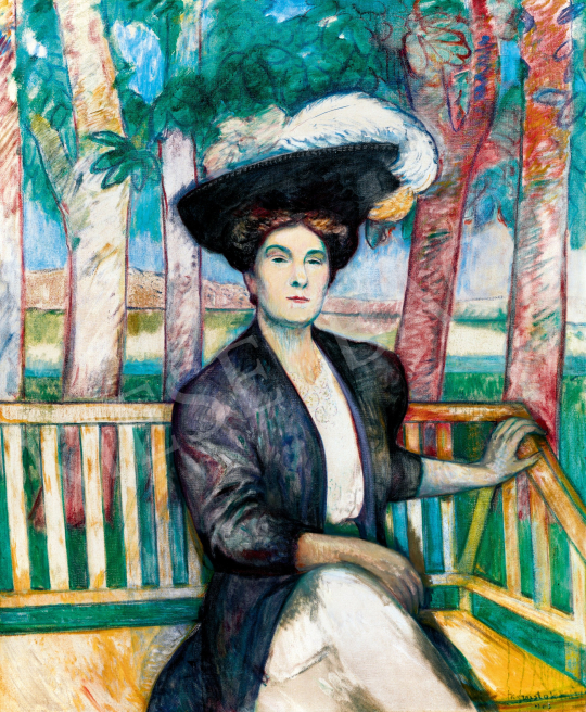  Kernstok Károly - Kalapos nő Duna-parti villa terszán (Révai Ödönné), 1907 festménye