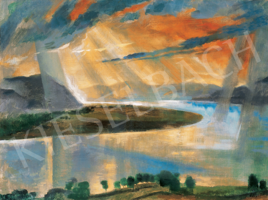  Szőnyi István - Dunapart felhők mögül kibukkanó nappal, 1920-as évek második fele festménye