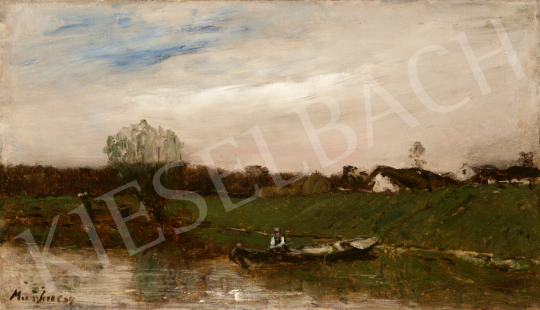  Munkácsy Mihály - Tájkép ladikkal (Horgász tükröződő folyóparton), 1880 körül | 67. Aukció aukció / 95 tétel
