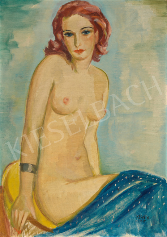  Kern Andor - Vörös hajú lány kék selyemkendővel, 1935 | 67. Aukció aukció / 152 tétel