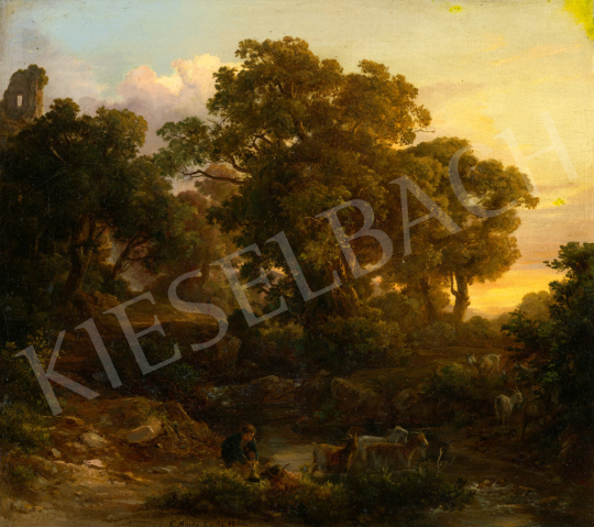 Id. Markó Károly - Itáliai táj (Patakpart, pásztor, alkonyi fények), 1860 | 67. Aukció aukció / 225 tétel