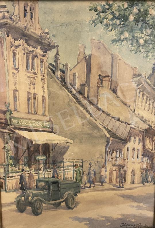  Járossy Gyula - Budapesti részlet (Batthyány tér automobillal) festménye