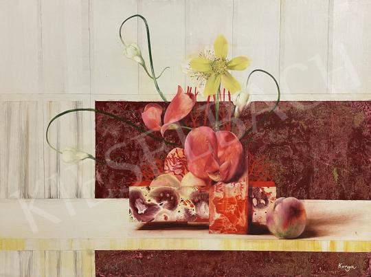 For sale  Korga, György - Surreal Still Life with Peaches, Sea Coral, Snowdrops, Daffodils on Red and White Marble 's painting