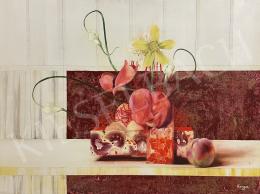  Korga, György - Surreal Still Life with Peaches, Sea Coral, Snowdrops, Daffodils on Red and White Marble 