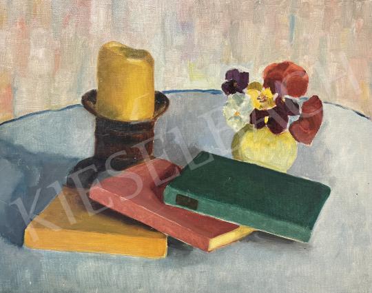 Eladó  Ismeretlen festő 20. század második fele - Csendélet könyvekkel és árvácskákkal (Hommage á Felix Vallotton) festménye
