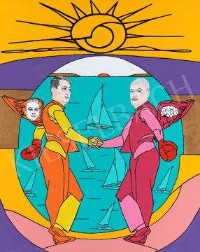 Eladó  drMáriás - Mészáros Lőrinc és Csányi Sándor békés kézfogását Gattyán György kukkolja Adami műtermében 2021 festménye