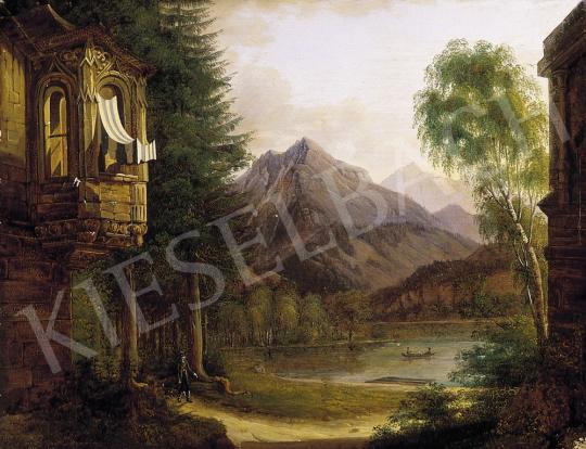 Ismeretlen osztrák festő, 1850 körül - Tópart vadásszal és balkonnal | 5. Aukció aukció / 118 tétel