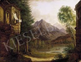 Ismeretlen osztrák festő, 1850 körül - Tópart vadásszal és balkonnal 