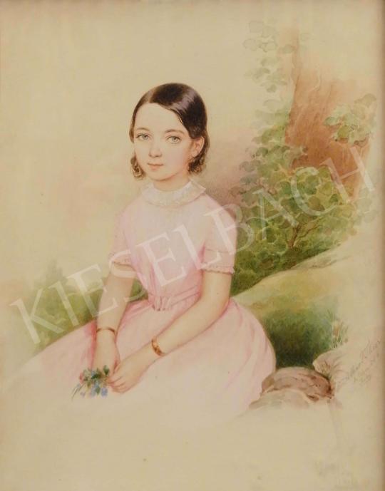 Eladó  Albert Theer - Rózsaszín ruhás kislány kék nefelejccsel a kezében festménye