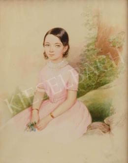  Albert Theer - Rózsaszín ruhás kislány kék nefelejccsel a kezében 