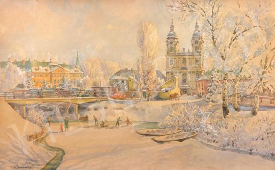 Eladó  Rökk Károly - Téli Feneketlen-tó a budai Ciszterci Gimnáziummal és Szent Imre templommal  festménye
