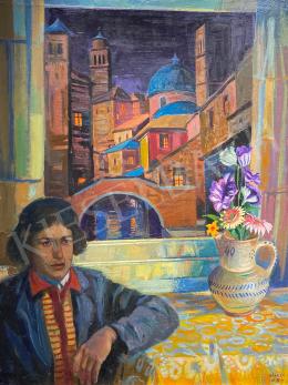  Bárkay Imre  - Önarckép műteremmel ( Velencei látkép) 1954 