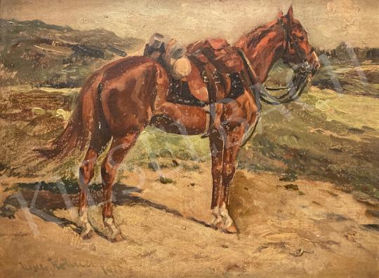 Eladó festő  Wilhelm Höhnel - Felnyergelt ló a pusztán 1913  festménye