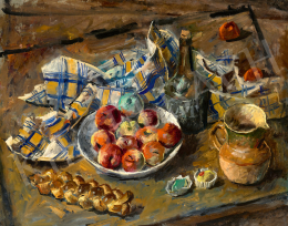 Basch Andor - Műtermi csendélet fonott kaláccsal, süteményekkel és gyümölcsökkel, 1941 
