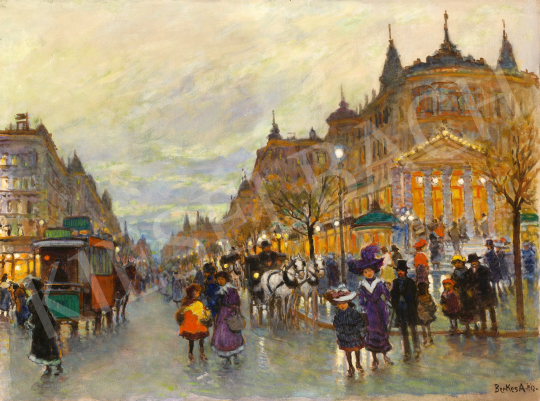  Berkes Antal - Esti fények a Boulevardon (Utcakép omnibusszal), 1912 | 68. Aukció aukció / 25 tétel