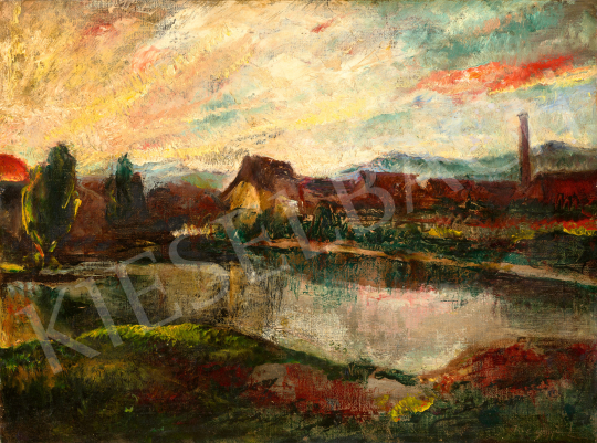  Rozgonyi László - Vöröslő ég a tóparton, 1930 körül | 68. Aukció aukció / 81 tétel