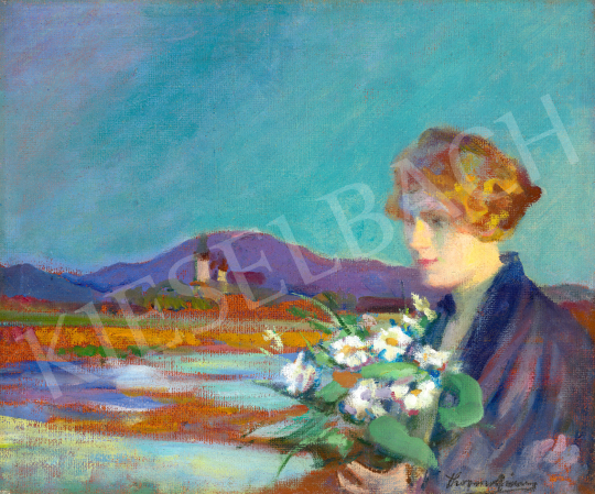 Thorma János - Nő virágcsokorral háttérben Felsőbánya, 1928 | 68. Aukció aukció / 106 tétel