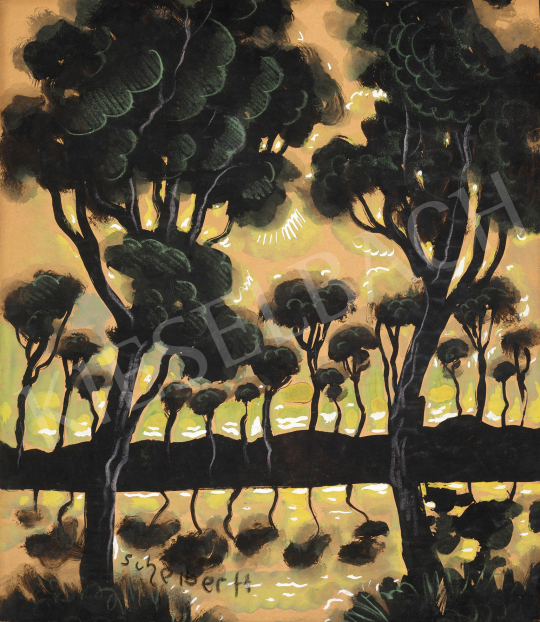  Scheiber Hugó - Vízpart tükröződő fákkal, 1930-as évek | 68. Aukció aukció / 142 tétel