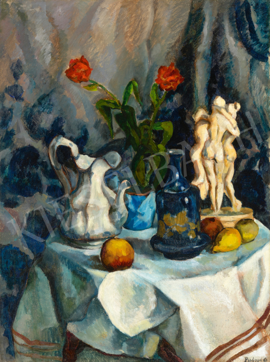  Perlrott Csaba Vilmos - Műtermi csendélet virágokkal, gyümölcsökkel, szoborral, 1910-es évek | 68. Aukció aukció / 217 tétel