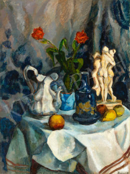  Perlrott Csaba, Vilmos - Studio Still Life with Flowers, Fruits, Statue, 1910s 