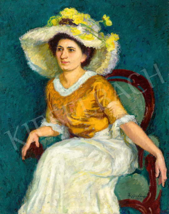 Ziffer Sándor - Hölgy virágos kalapban, kék szobában, 1913 | 68. Aukció aukció / 227 tétel