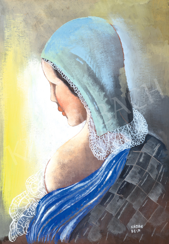  Kádár Béla - Art deco nő kék kendővel, 1930-as évek közepe | 68. Aukció aukció / 219 tétel