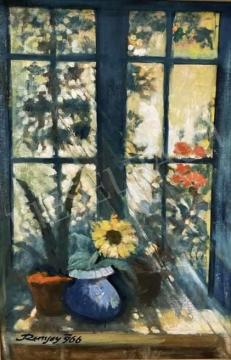  Remsey Jenő György - Virágok ablakban 1966 festménye