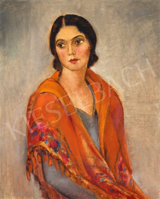 Eladó  Ismeretlen magyar festő, 1920 körül - Fiatal lány vörös kendővel festménye