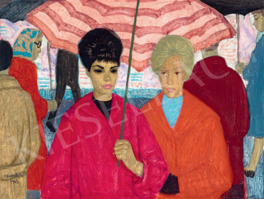  Czene Béla - Pesti zápor (Csíkos esernyő alatt) festménye