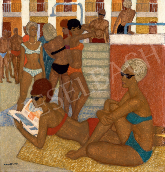  Czene Béla - Strandolók Gyopárosfürdőn festménye