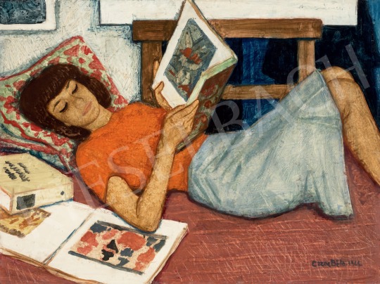  Czene Béla - Fekvő lány könyvekkel festménye