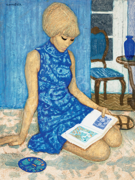  Czene Béla - Olvasó lány kék ruhában festménye