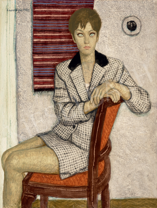  Czene Béla - Kockás ruhás lány festménye
