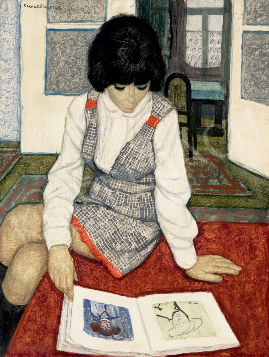  Czene Béla - Kockás ruhás lány könyvvel festménye