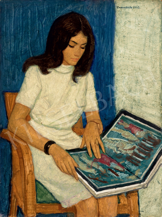  Czene Béla - Barna hajú modell kék háttér előtt, 1965  festménye
