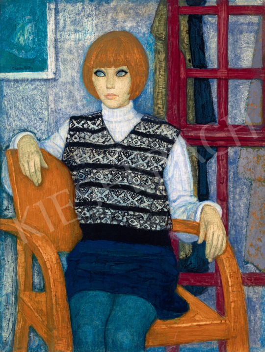 Czene Béla - Világoskék szem, sötétkék miniszoknya, 1970-es évek  festménye