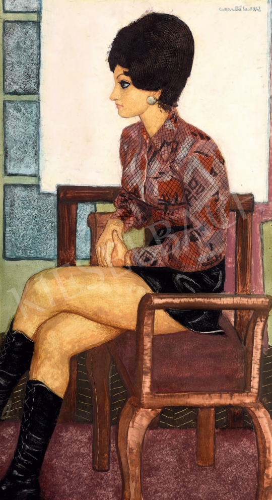  Czene Béla - Miniszoknyás lány fekete csizmában, 1972  festménye