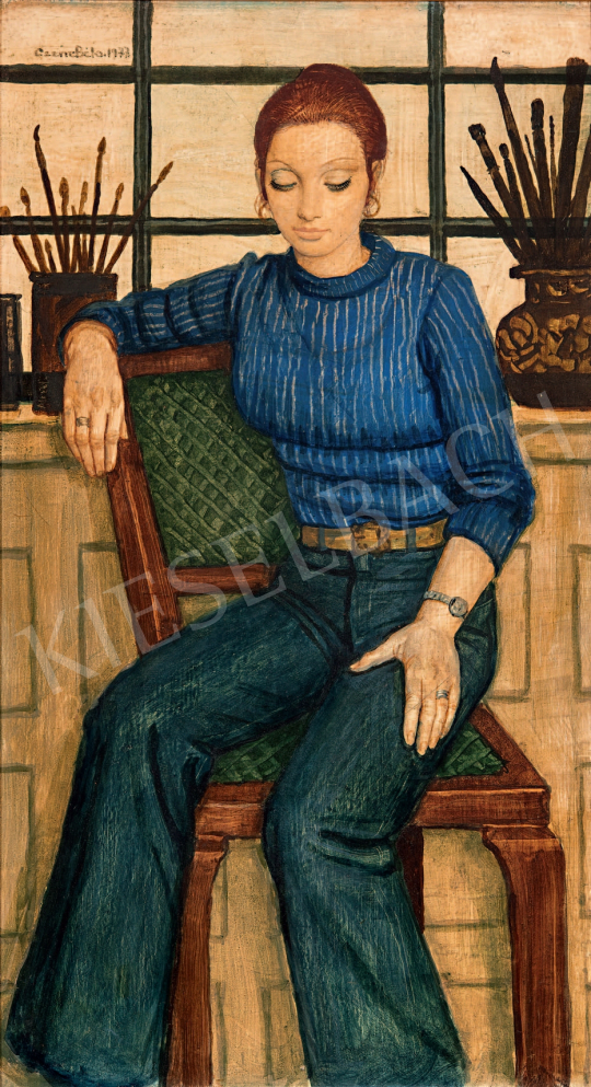  Czene Béla - Lány kék farmerben, 1977  festménye