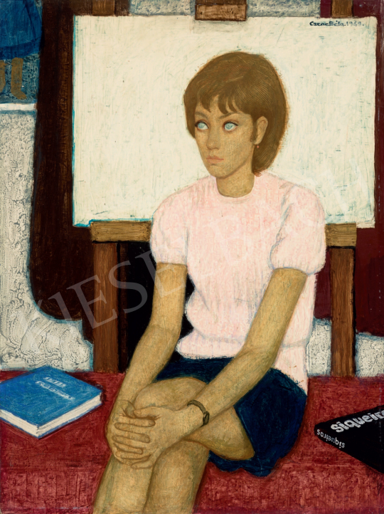  Czene, Béla jr. - Pondering Girl in a Pink Sweater, 1969  painting
