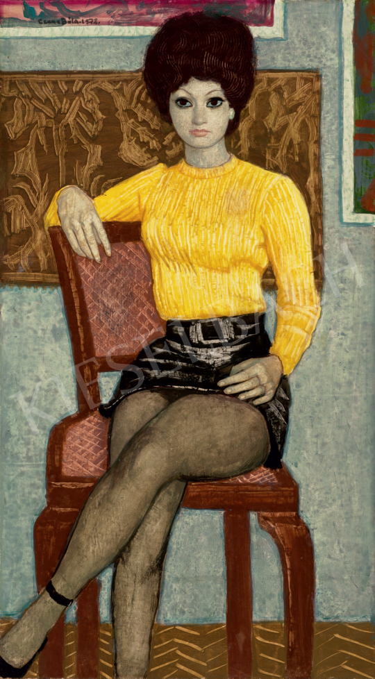  Czene Béla - Tupír-frizurás lány sárga pulóverben, 1972  festménye