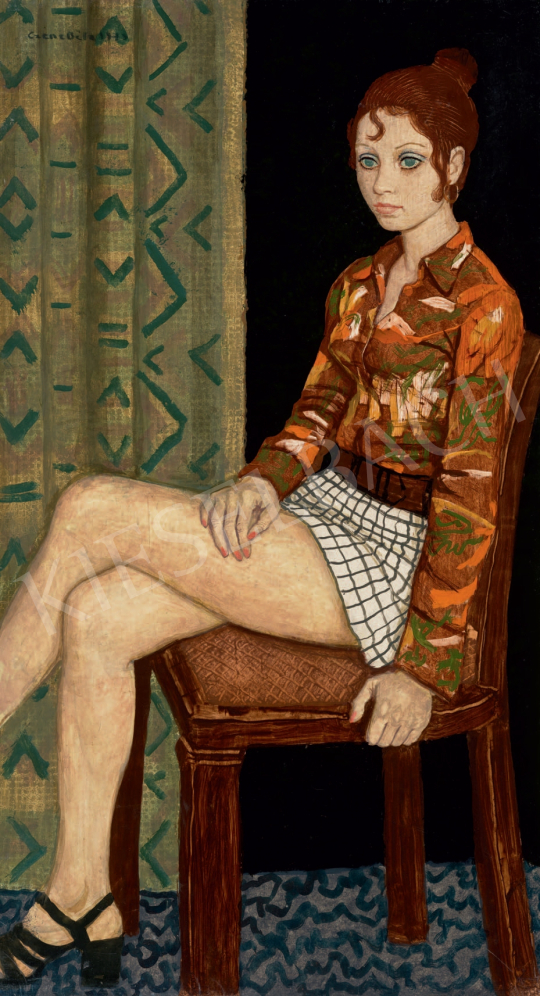  Czene Béla - Lány kockás miniszoknyában, 1973  festménye