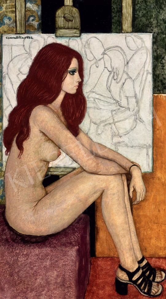  Czene Béla - Vörös hajú akt fekete szandálban, 1971  festménye