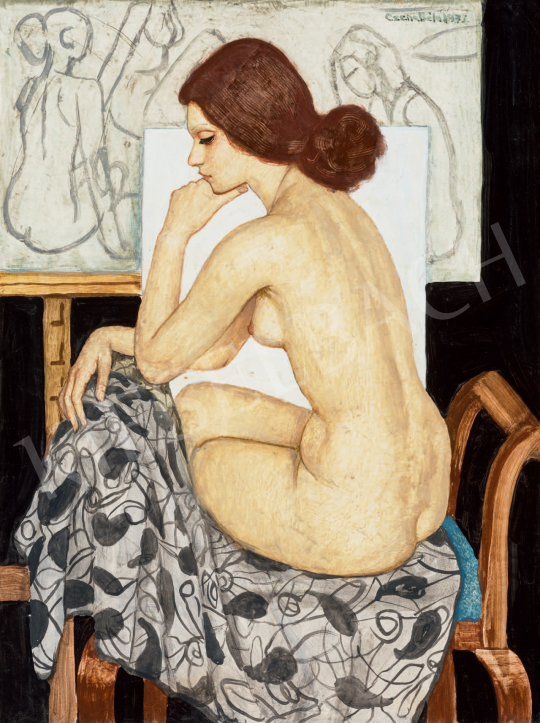  Czene, Béla jr. - Sitting Nude with Half Done Painting, 1972  painting