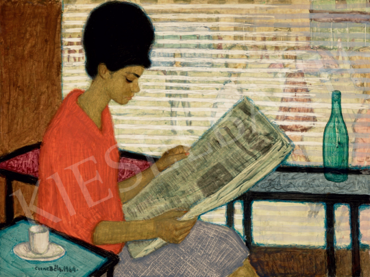  Czene, Béla jr. - Girl Reading a Newspaper in a Café, 1964  painting